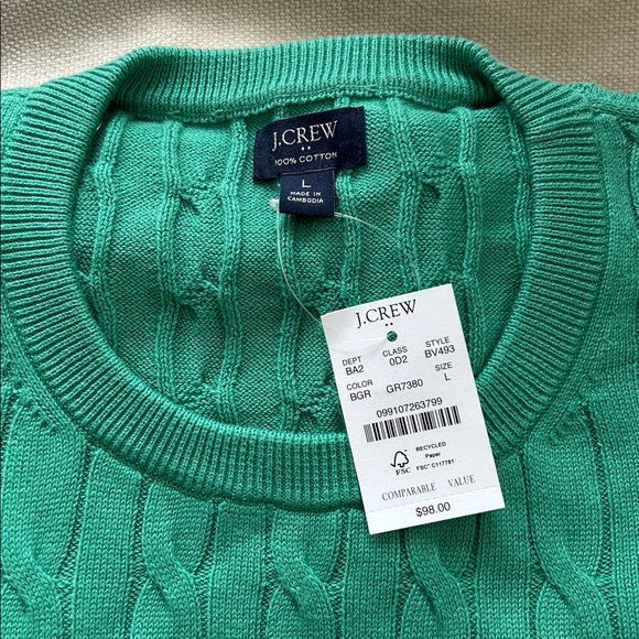 J Crew Green Cable Cotton Sweater - Picture 2 of 4